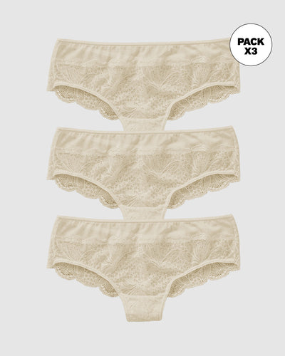 Paquete x 3 braguitas tiro semi bajo en encaje y tul con refuerzo en algodón#color_253-marfil