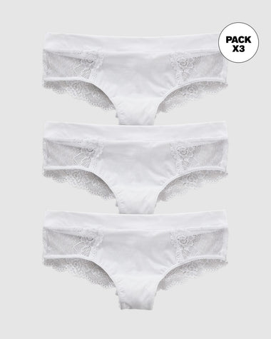 Paquete x 3 braguitas en microfibra con detalles en encaje#color_000-blanco