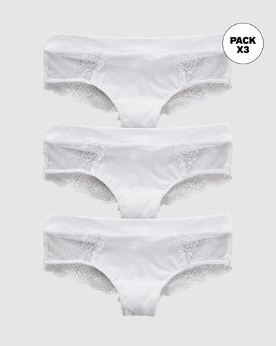 Paquete x 3 braguitas en microfibra con detalles en encaje#color_000-blanco